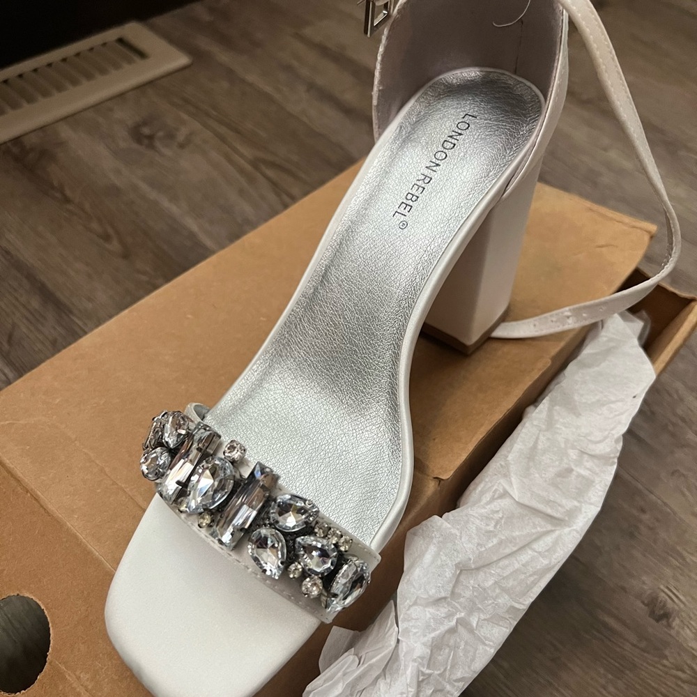 Asos London Rebel embellished bridal block heel ivory